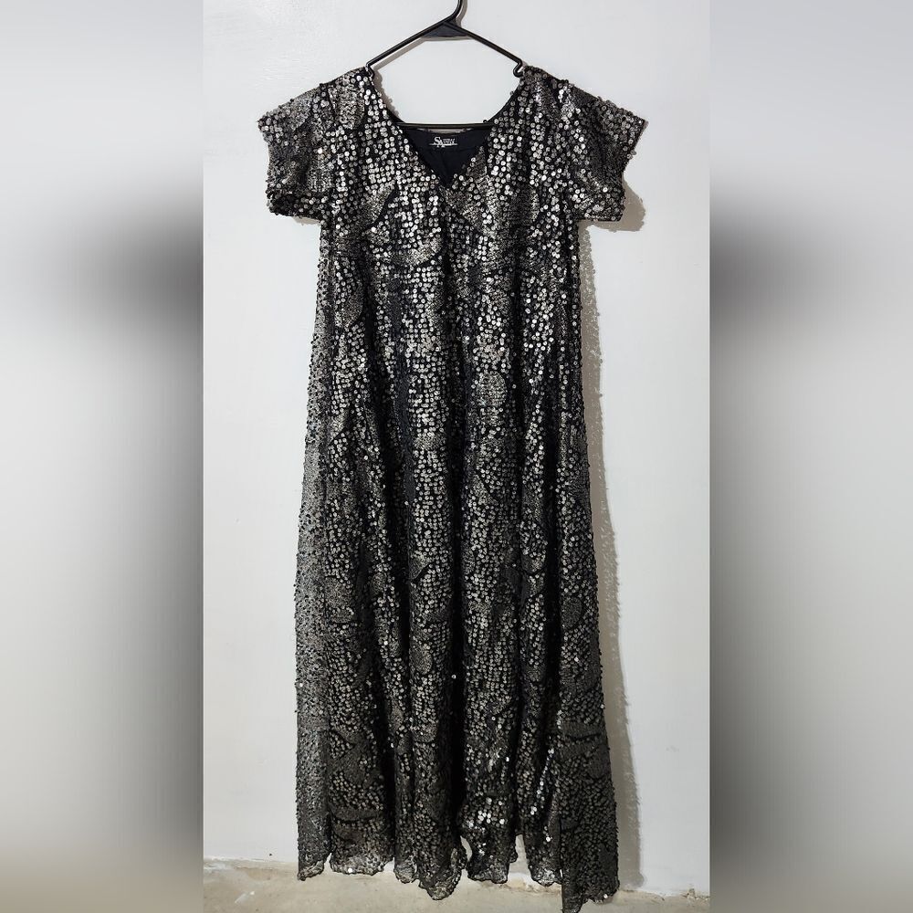 Sheraz Anwar couture hand made  silver sequins short sleeves maxi dress